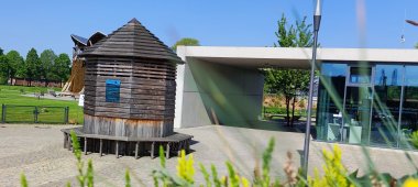 The wooden pump house above the brine spring.